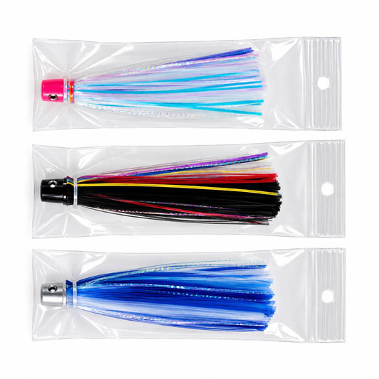 Flat head chugger trolling lure with mylar skirts for mahi and wahoo